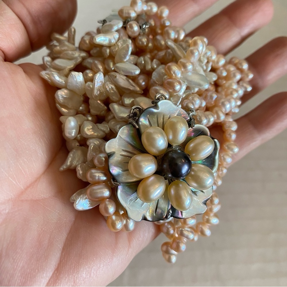 Sterling Silver Freshwater Pearl Multistrand Necklace Abalone Shell Flower Clasp